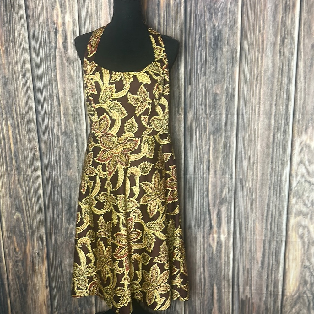 Jones New York brown yellow floral leaf halter neck dress ladies size 10